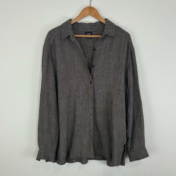 Eileen Fisher Grey Mixed Thread Oversized Linen Blend Shirt - Picture 3 of 7